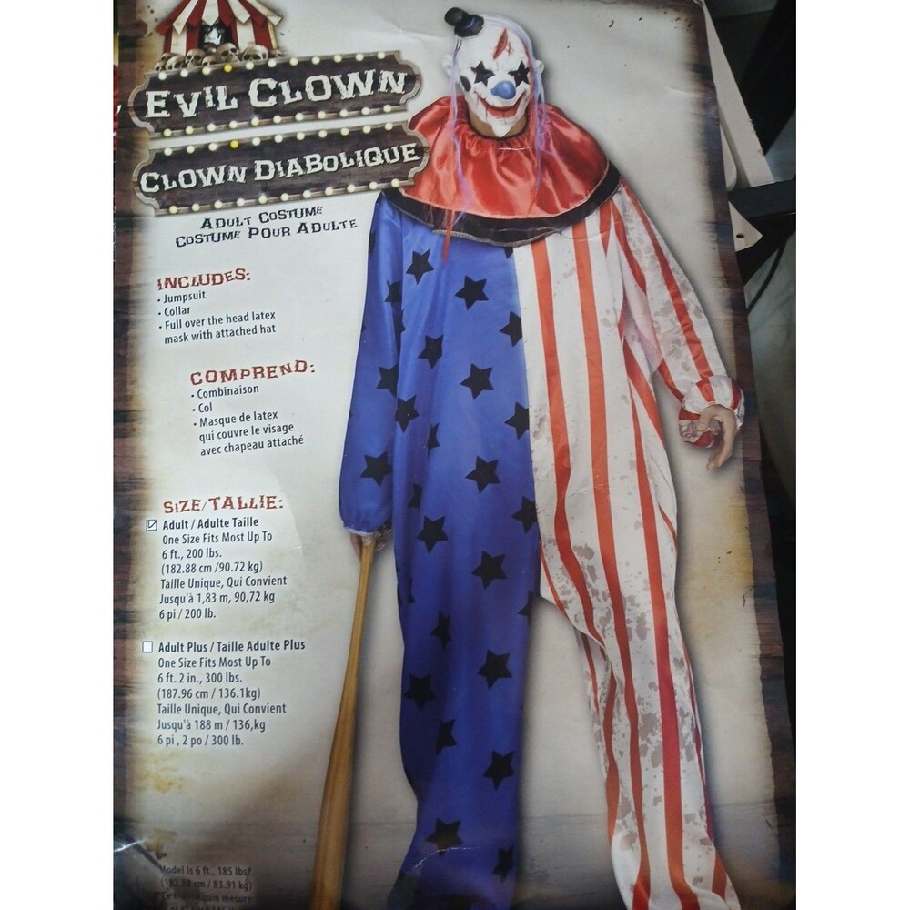 Evil Clown Adult One Size Halloween Costume Mask Stars and Stipes Patriotic NWT